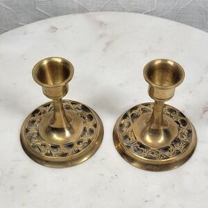 Vintage Brass Taper Candle Holders Pair Scroll Filigree Openwork Base Taiwan